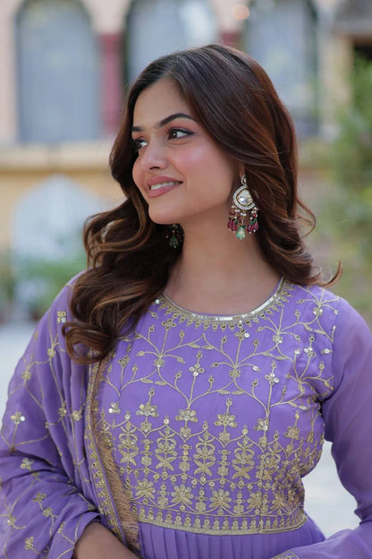 "Luxurious Star Georgette Gown with Frill Stitching & Embroidered Dupatta"