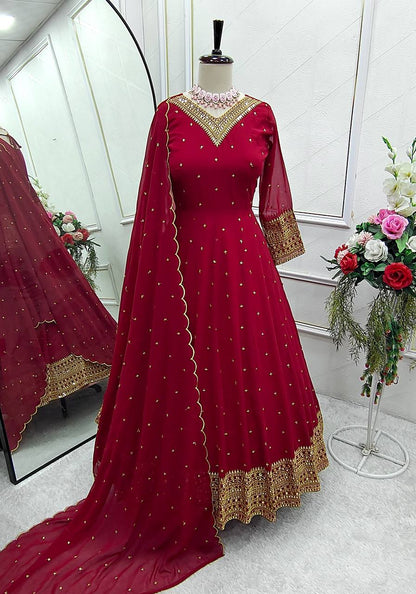 "Elegant Fox Georgette Gown with Heavy Embroidery and Sequins"