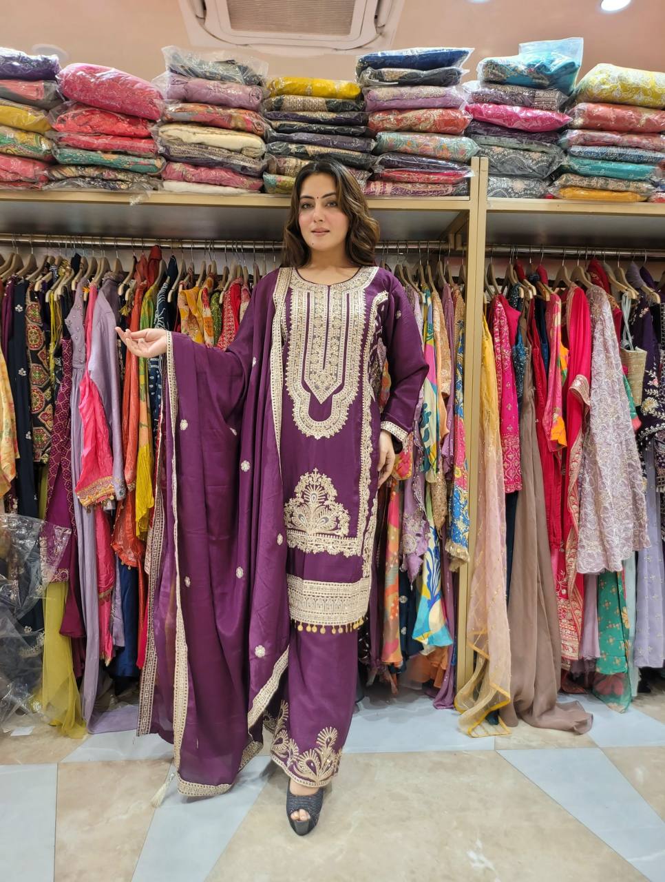 "Elegant Pure Chinnon Silk Ensemble with Heavy Embroidery and Sequence Work"
