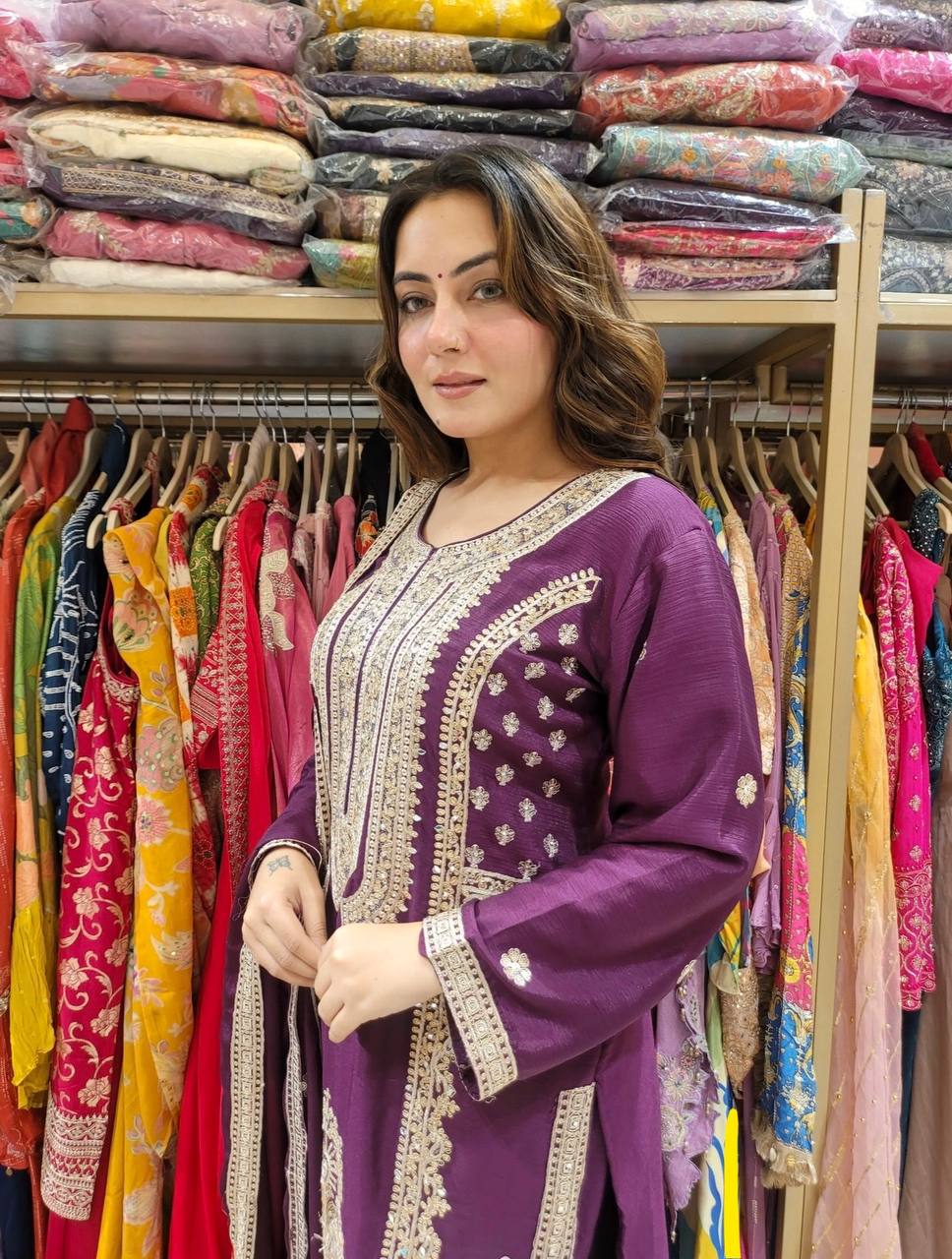 "Elegant Pure Chinnon Silk Ensemble with Heavy Embroidery and Sequence Work"