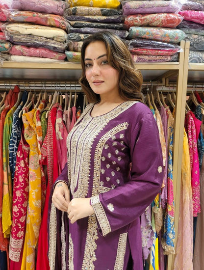 "Elegant Pure Chinnon Silk Ensemble with Heavy Embroidery and Sequence Work"