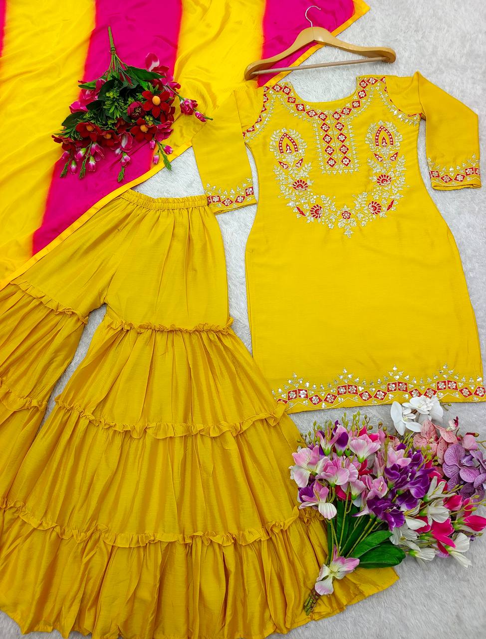 "Elegance in Silk: Designer Top, Sarara & Dupatta Set"