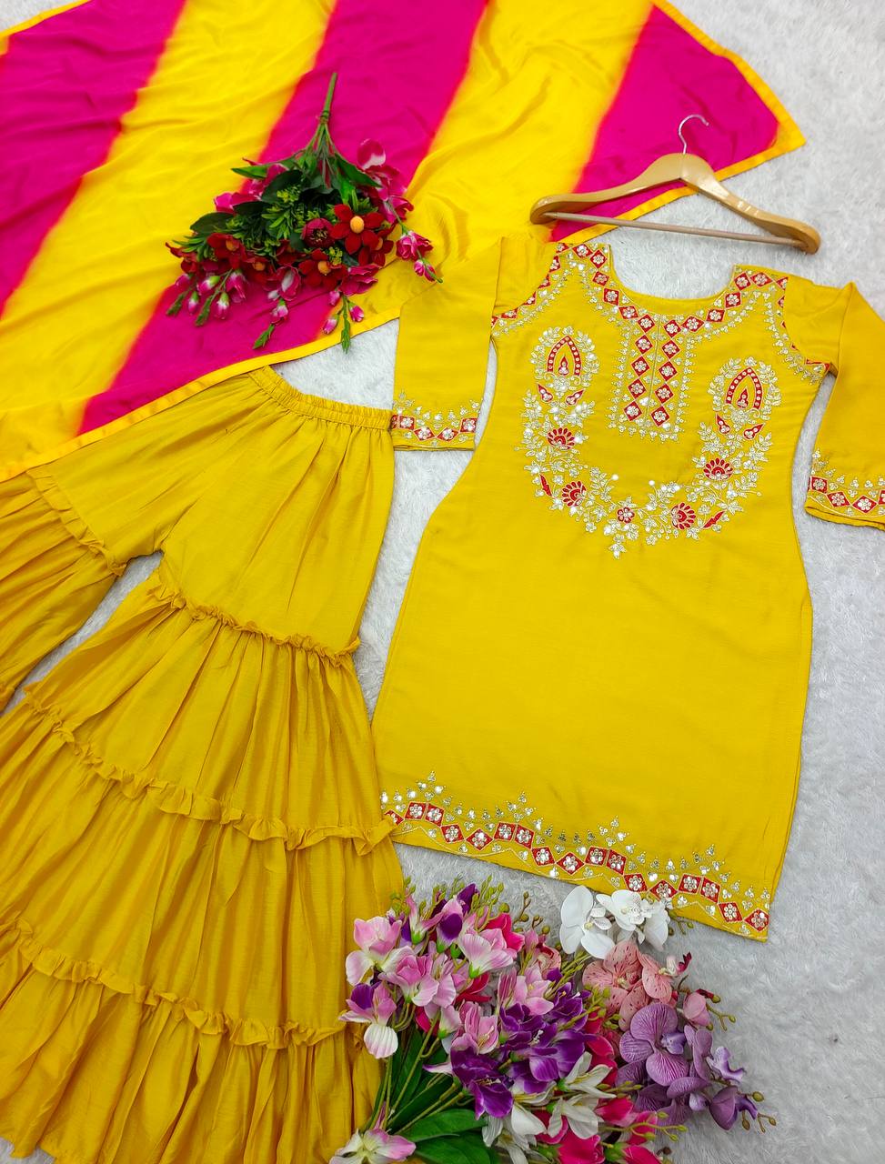 "Elegance in Silk: Designer Top, Sarara & Dupatta Set"