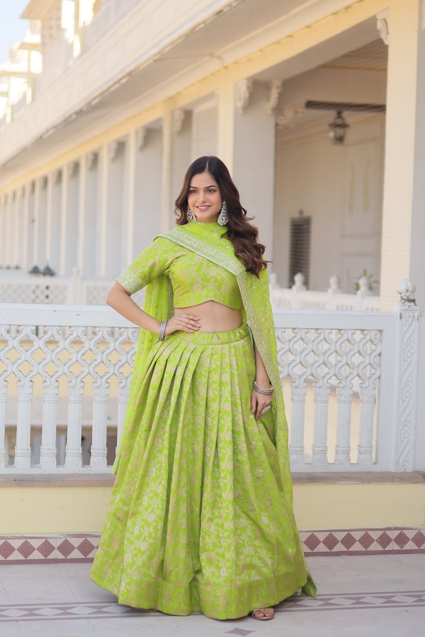 Pure Dyable Viscose Jacquard with Embroidered Sequins Work Blouse with Lehenga