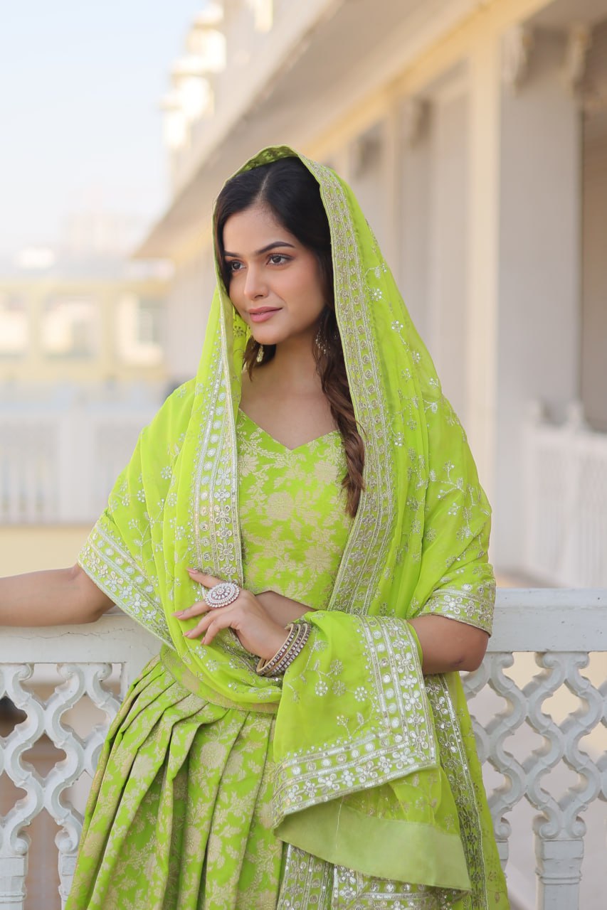 Pure Dyable Viscose Jacquard with Embroidered Sequins Work Blouse with Lehenga