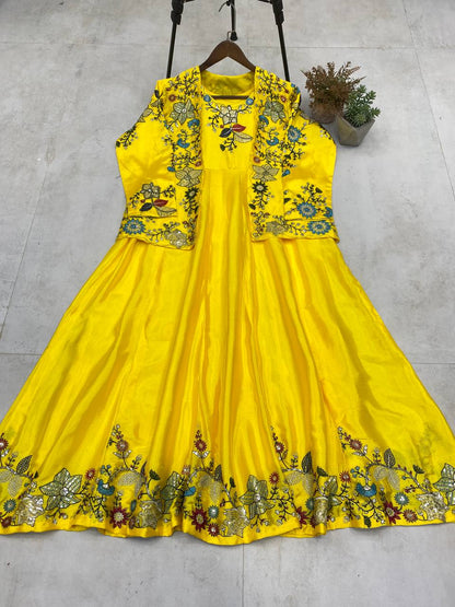 "Chinon Fabric Koti & Gown Set with Cording Sequence Embroidery – Free Size, Full-Stitched"