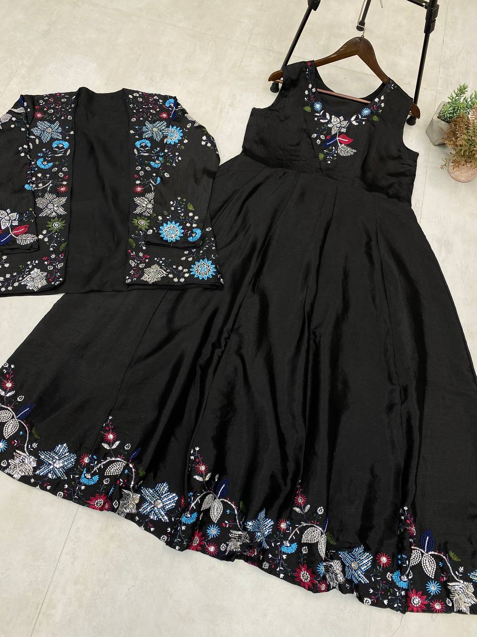 "Chinon Fabric Koti & Gown Set with Cording Sequence Embroidery – Free Size, Full-Stitched"