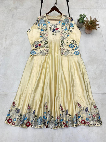 "Chinon Fabric Koti & Gown Set with Cording Sequence Embroidery – Free Size, Full-Stitched"