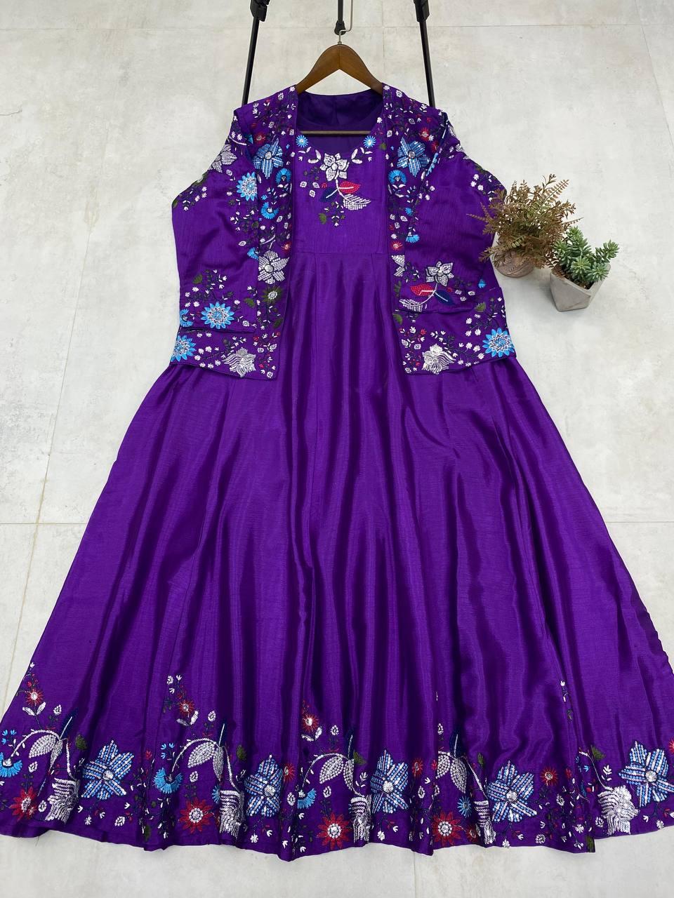 "Chinon Fabric Koti & Gown Set with Cording Sequence Embroidery – Free Size, Full-Stitched"