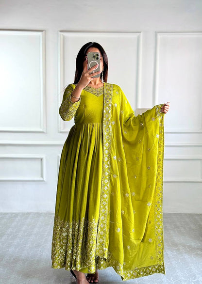 "Elegantly Embellished Gwon Set with Cinon Silk, Embroidery, and Butter Silk Bottom"