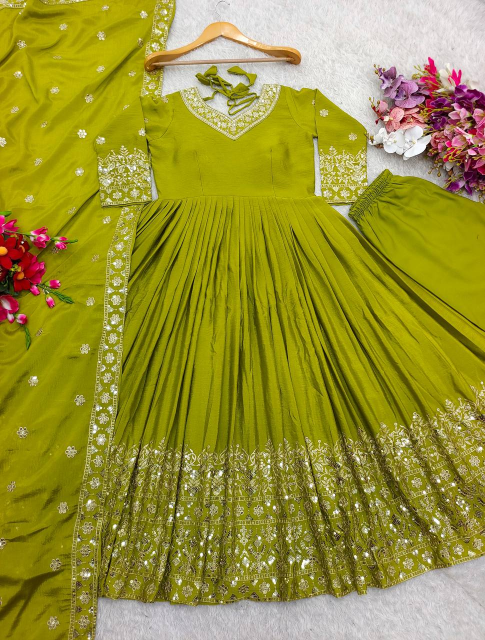 "Elegantly Embellished Gwon Set with Cinon Silk, Embroidery, and Butter Silk Bottom"