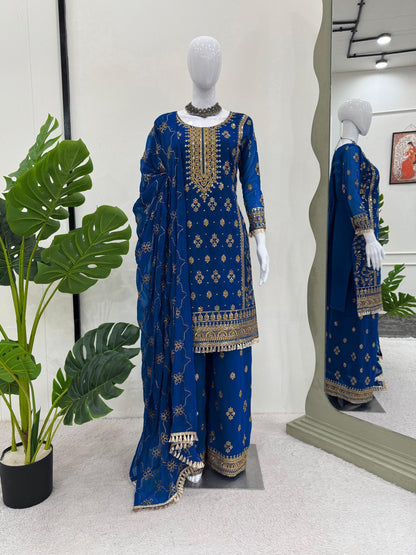 "Elegant Foux Gorgette Thread Work Set with Sequins & Lace Border"