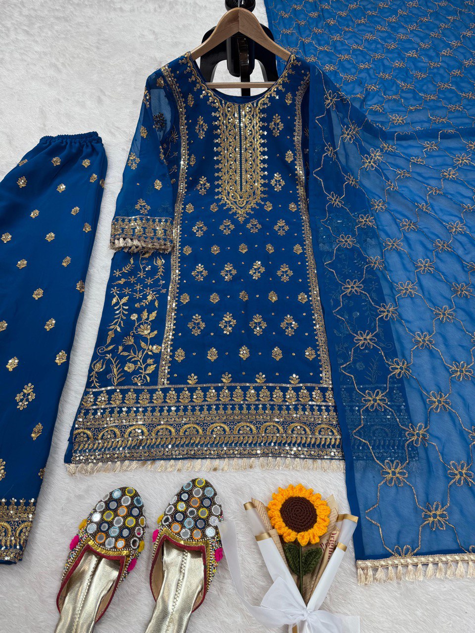 "Elegant Foux Gorgette Thread Work Set with Sequins & Lace Border"