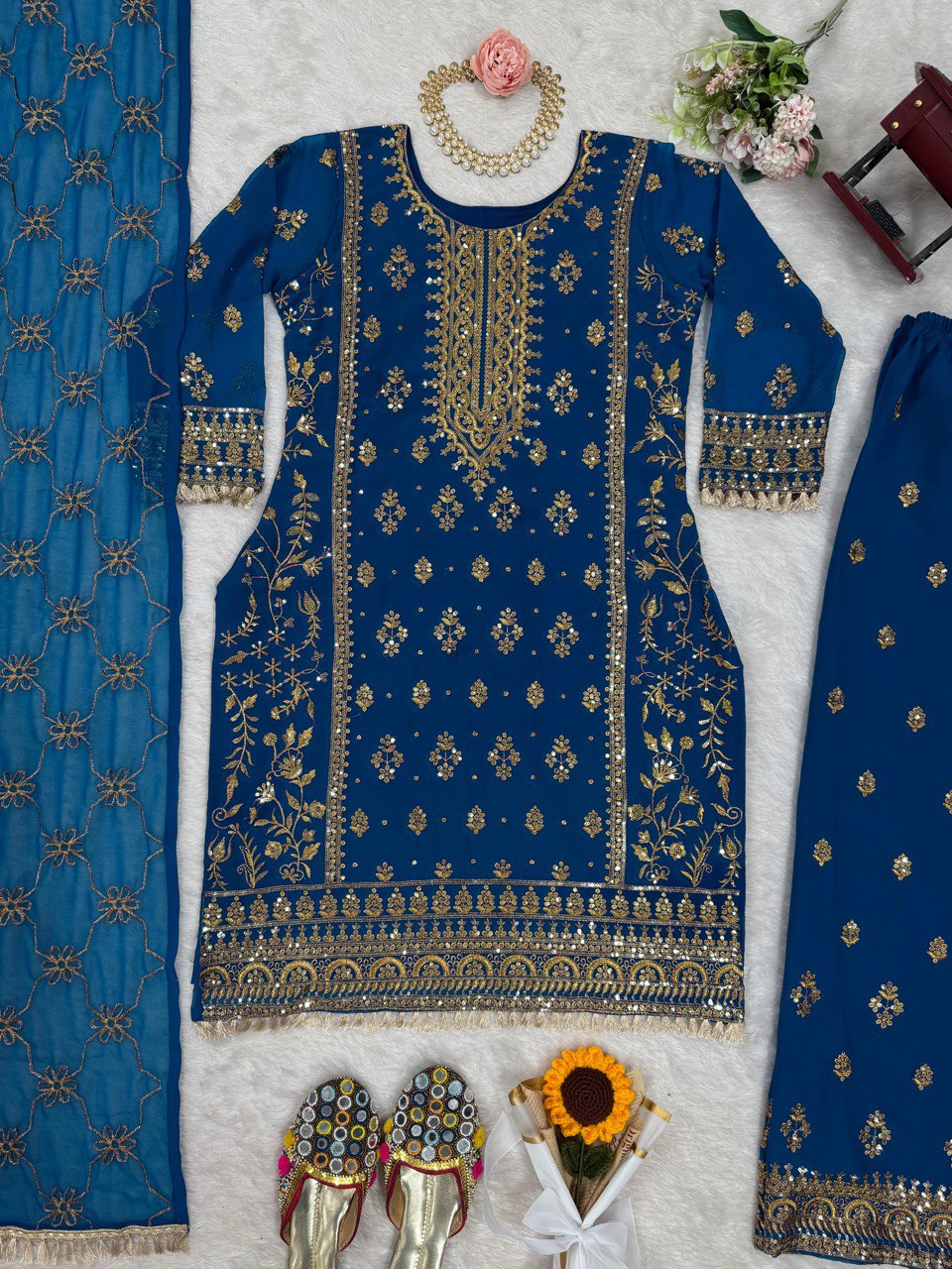 "Elegant Foux Gorgette Thread Work Set with Sequins & Lace Border"