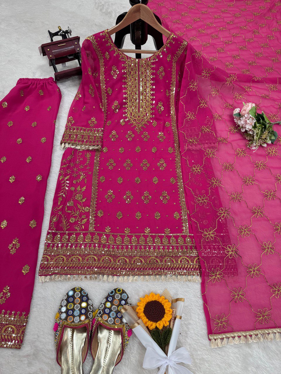 "Elegant Foux Gorgette Thread Work Set with Sequins & Lace Border"