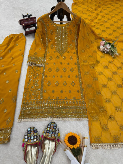 "Elegant Foux Gorgette Thread Work Set with Sequins & Lace Border"