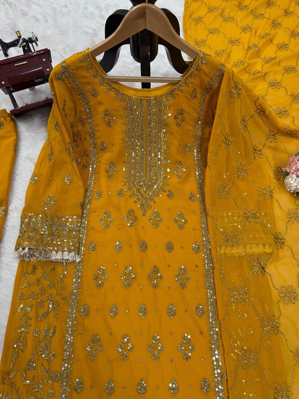"Elegant Foux Gorgette Thread Work Set with Sequins & Lace Border"