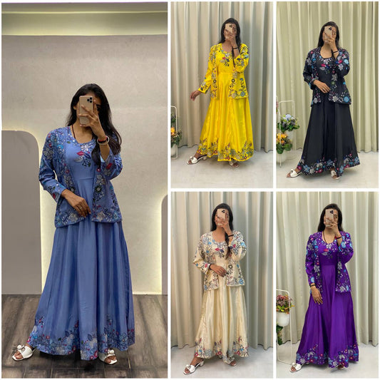 "Chinon Fabric Koti & Gown Set with Cording Sequence Embroidery – Free Size, Full-Stitched"