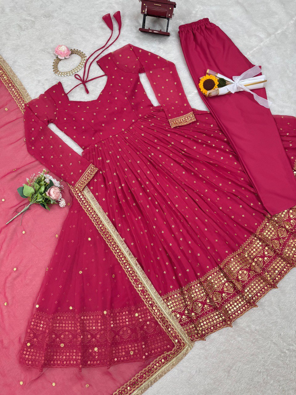 "Elegant Thread Work Set with Sequence Detailing and Lace Borders"