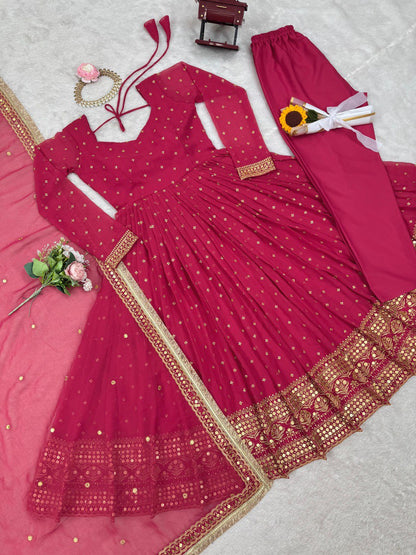 "Elegant Thread Work Set with Sequence Detailing and Lace Borders"