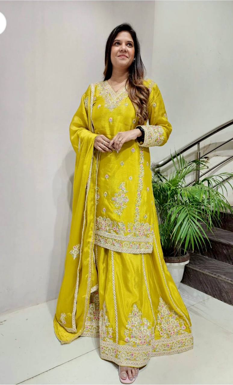 "Elegant Cinon Silk Embroidered Top, Sarara, and Dupatta Set – Fully Stitched, Ready to Wear"