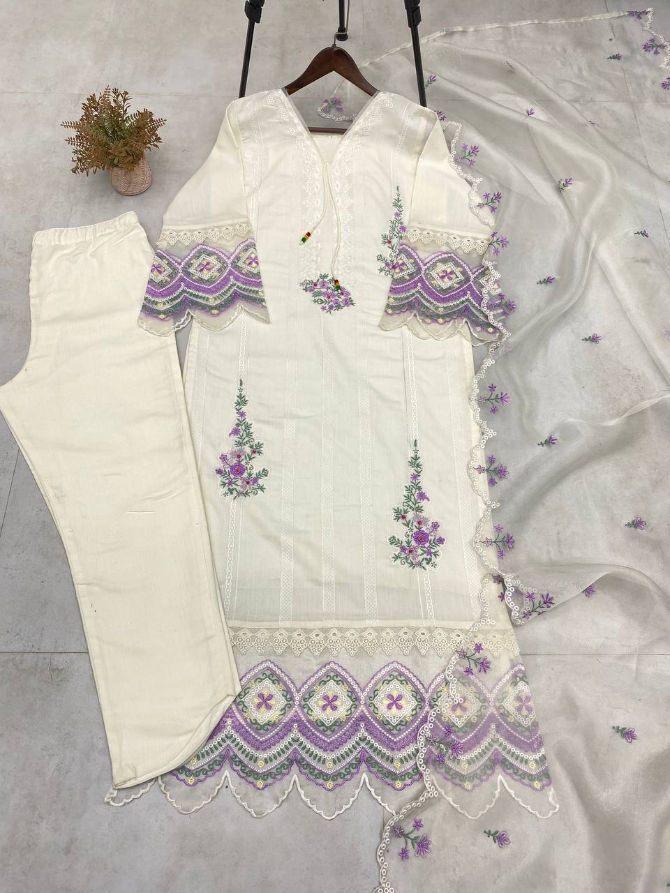 Premium Tesla Embroidered Top with Organza Dupatta & Lace Detailing