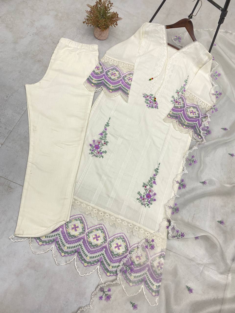 Premium Tesla Embroidered Top with Organza Dupatta & Lace Detailing