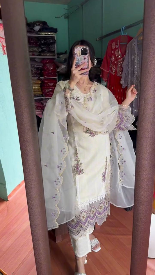 Premium Tesla Embroidered Top with Organza Dupatta & Lace Detailing