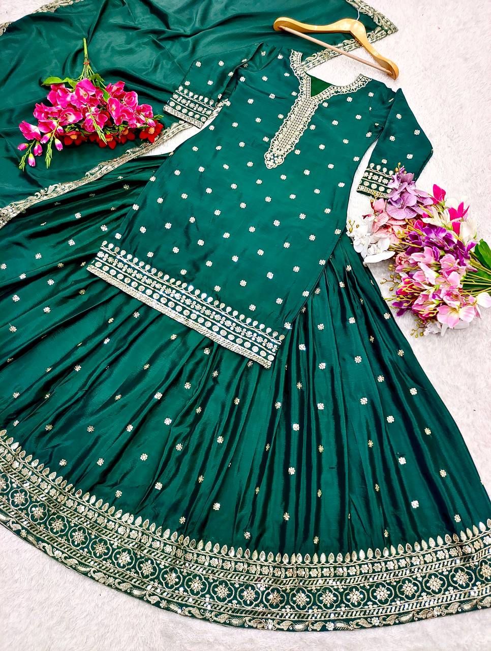 "Exquisite Pure Cinon Silk Ensemble with Heavy Embroidery & Sequence Work"