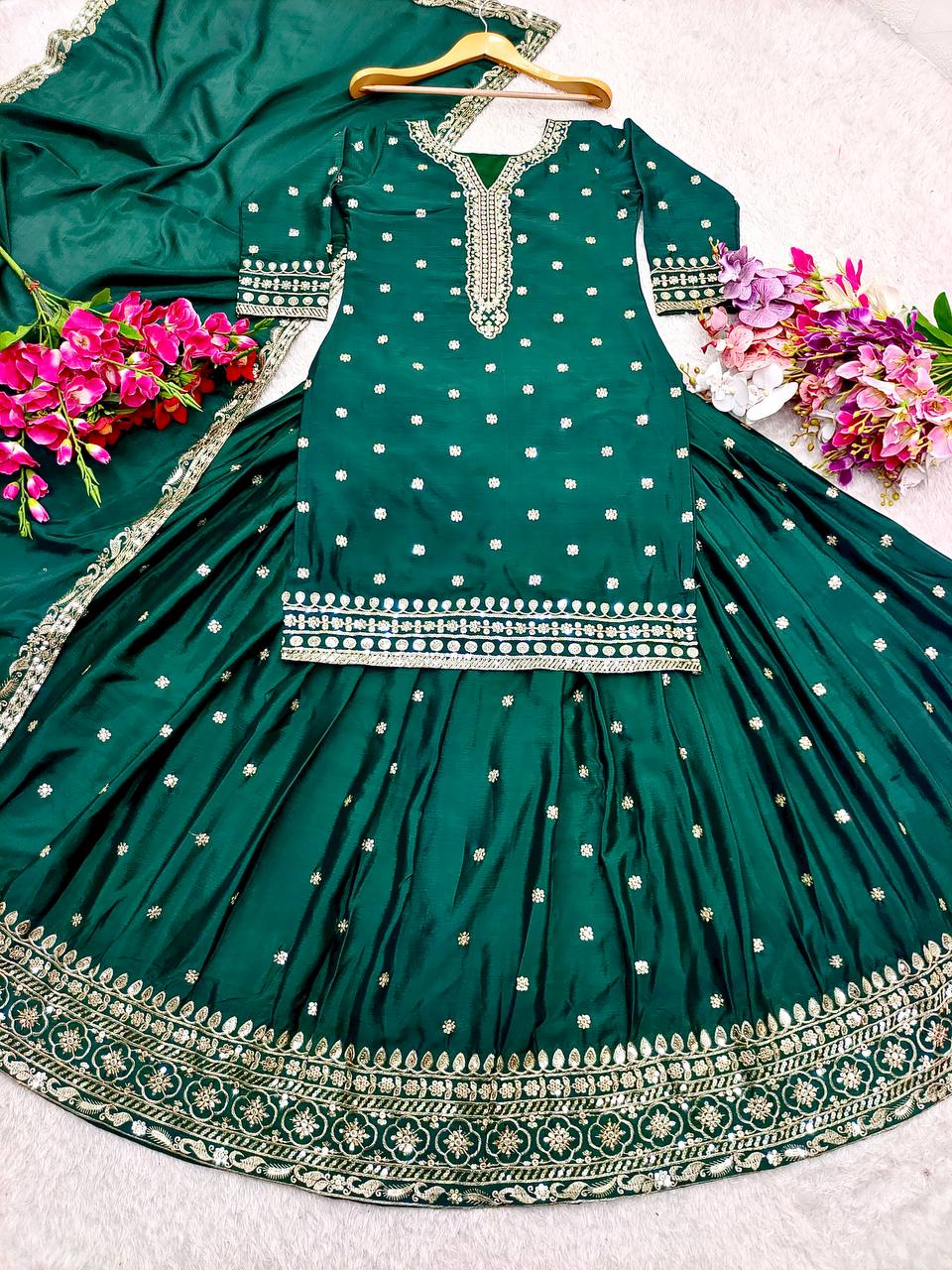 "Exquisite Pure Cinon Silk Ensemble with Heavy Embroidery & Sequence Work"