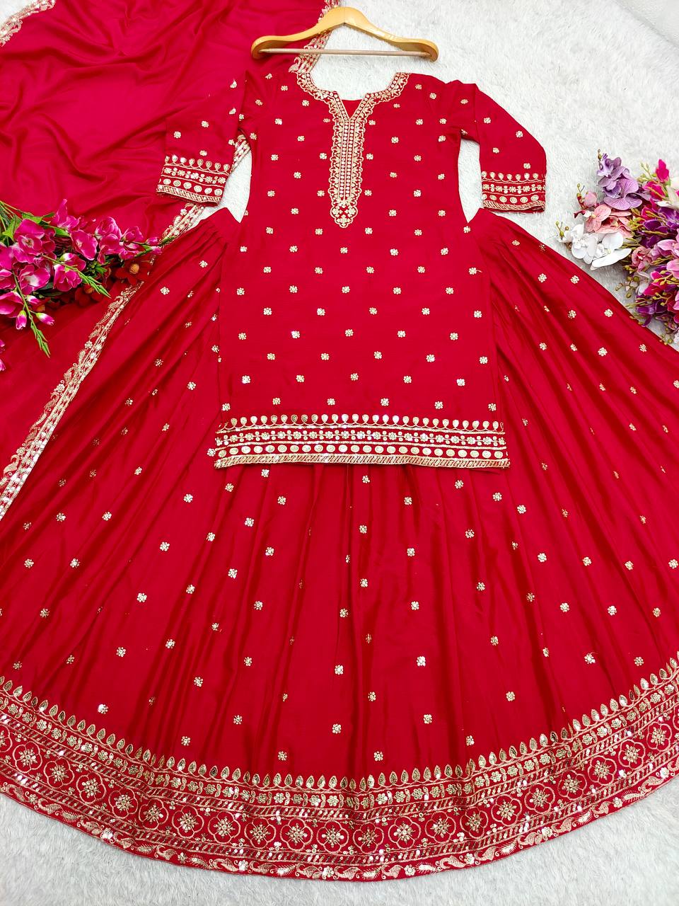 "Exquisite Pure Cinon Silk Ensemble with Heavy Embroidery & Sequence Work"