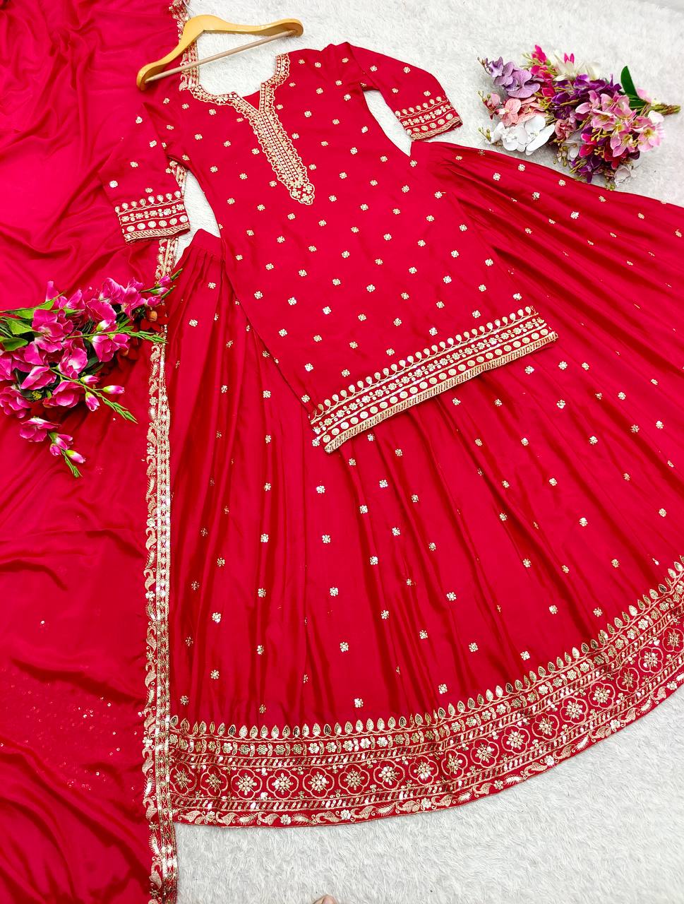"Exquisite Pure Cinon Silk Ensemble with Heavy Embroidery & Sequence Work"