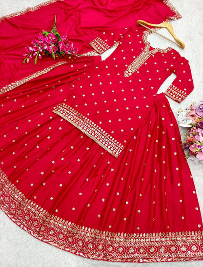 "Exquisite Pure Cinon Silk Ensemble with Heavy Embroidery & Sequence Work"
