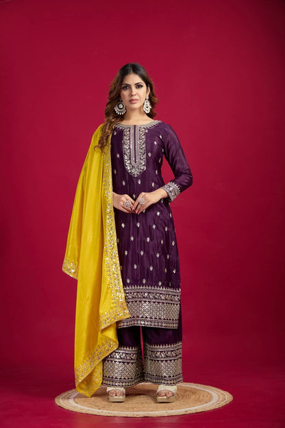 "Elegant Chinnon Silk Embroidered 3-Piece Set with Sequence Work"