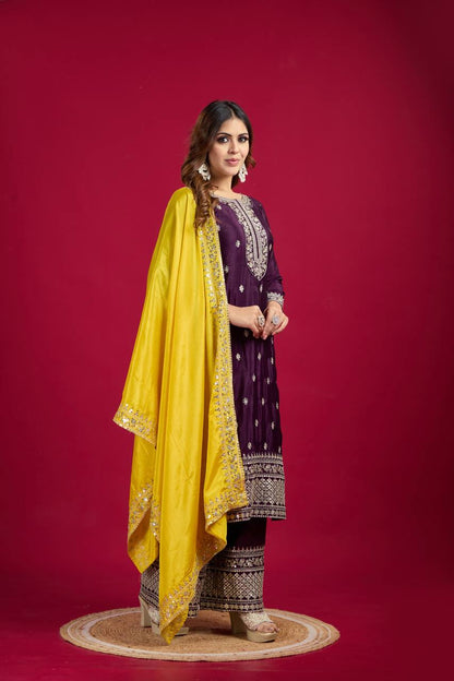 "Elegant Chinnon Silk Embroidered 3-Piece Set with Sequence Work"