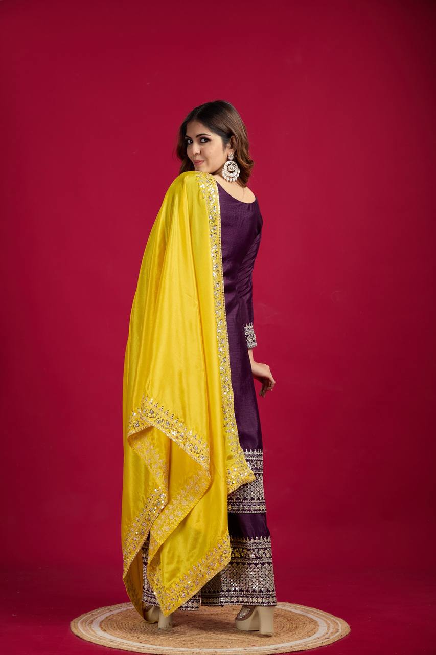"Elegant Chinnon Silk Embroidered 3-Piece Set with Sequence Work"