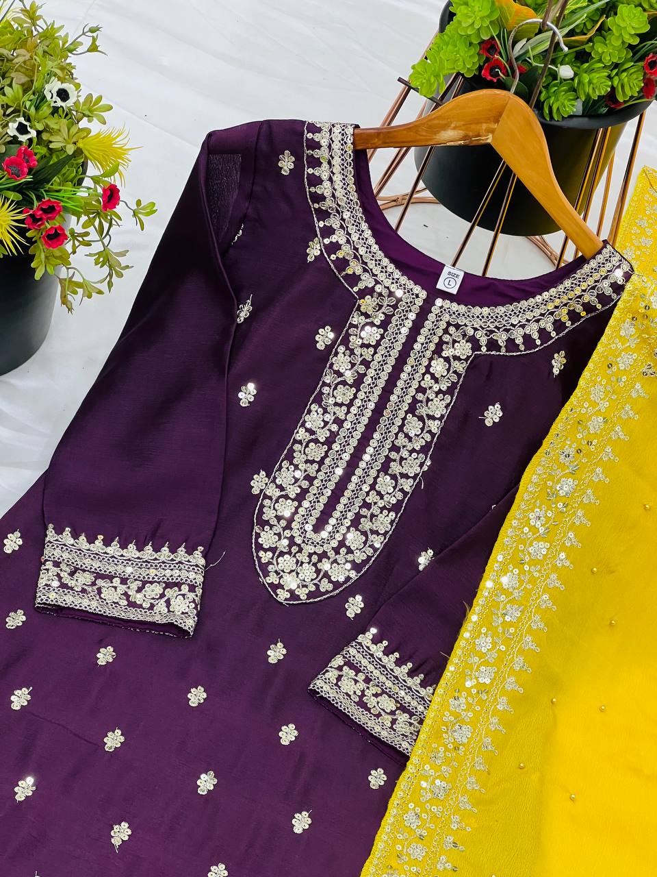 "Elegant Chinnon Silk Embroidered 3-Piece Set with Sequence Work"