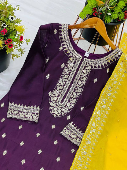 "Elegant Chinnon Silk Embroidered 3-Piece Set with Sequence Work"