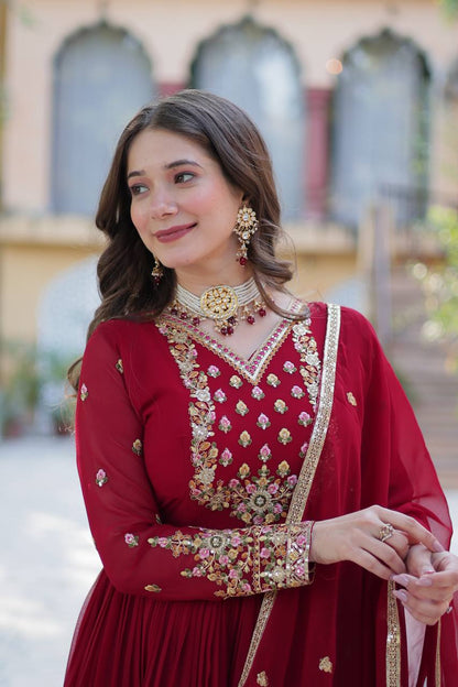 "Elegant Faux Blooming Georgette Gown with Sequins Embroidery & Matching Dupatta"