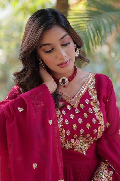 "Elegant Faux Blooming Georgette Gown with Sequins Embroidery & Matching Dupatta"