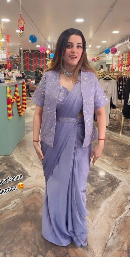 "Elegant Heavy Barbari Saree Set with Embroidered Jacket, Blouse & Belt"