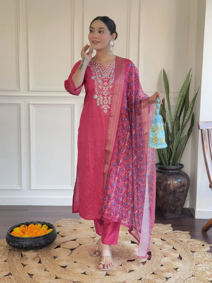Elegant Viscose Rayon Kurti & Bottom with Sequence Embroidery and Jacquard Dupatta