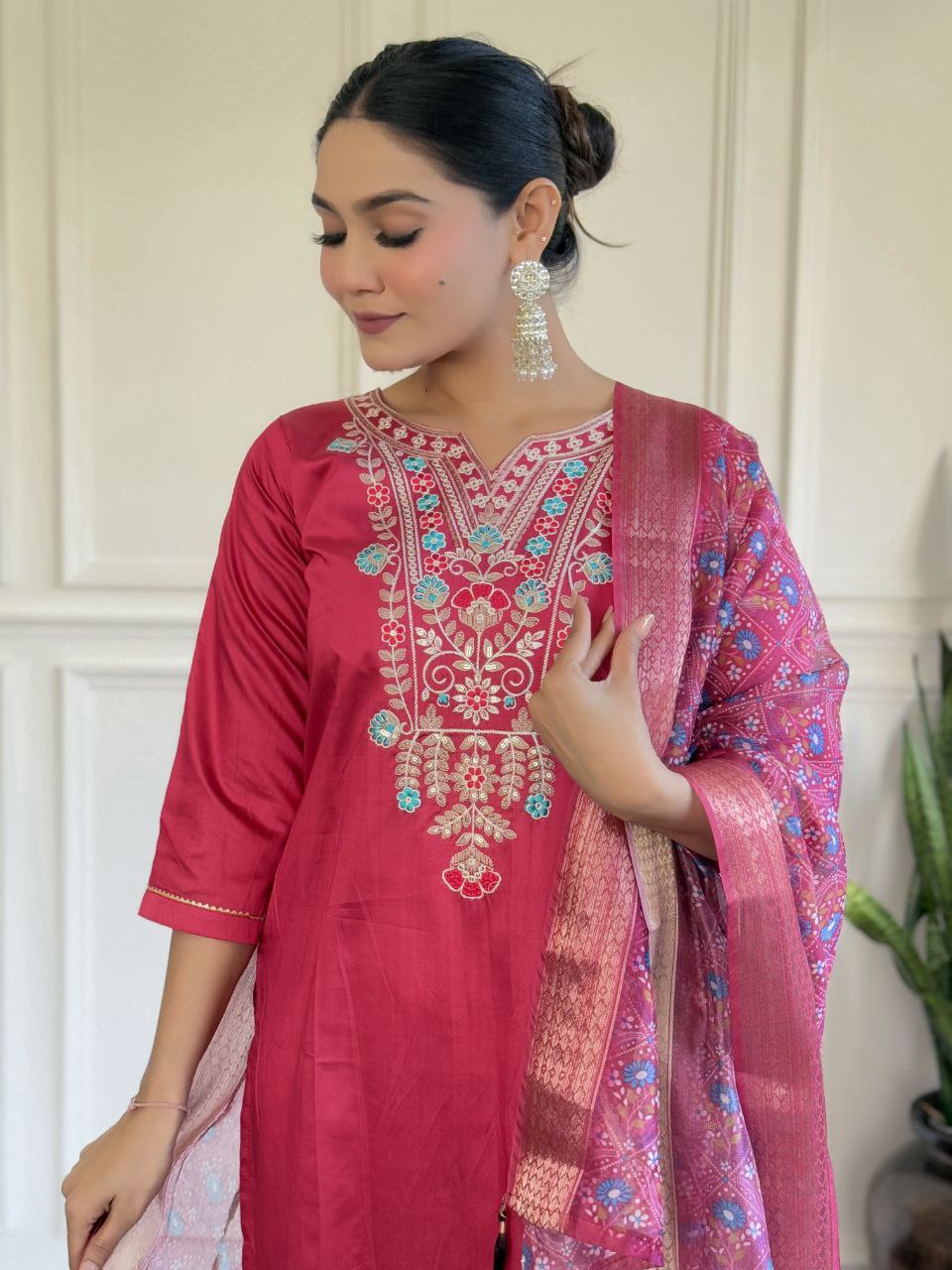 Elegant Viscose Rayon Kurti & Bottom with Sequence Embroidery and Jacquard Dupatta
