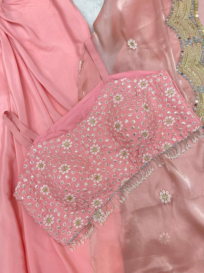 "Embroidered French Crêpe Tube Blouse & Draped Dhoti Set with Mirror Work Shrug"