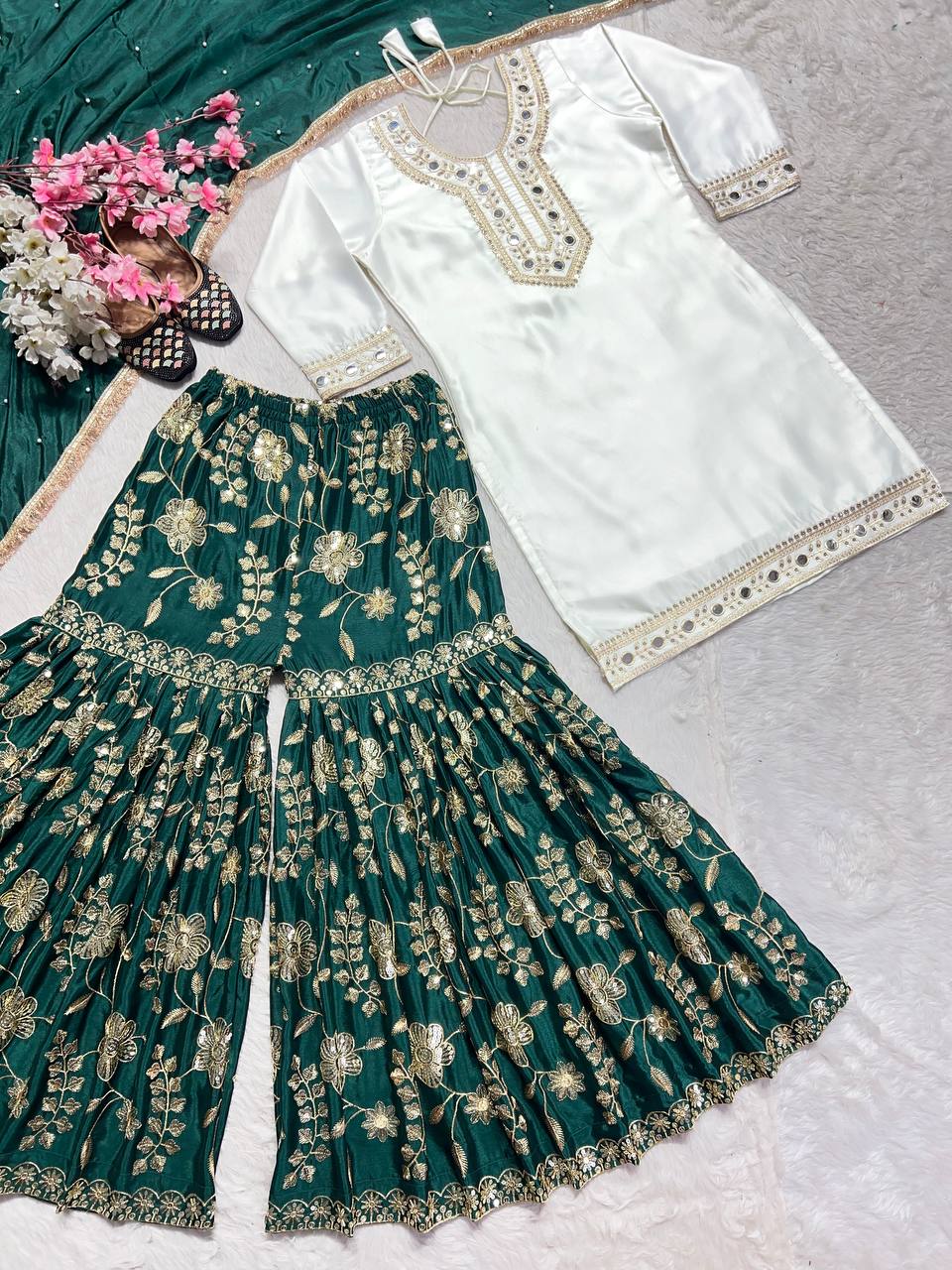 "Elegant Heavy Malay Silk Top & Pure Chinnon Silk Sharara Set with Intricate Embroidery and Mirror Work"