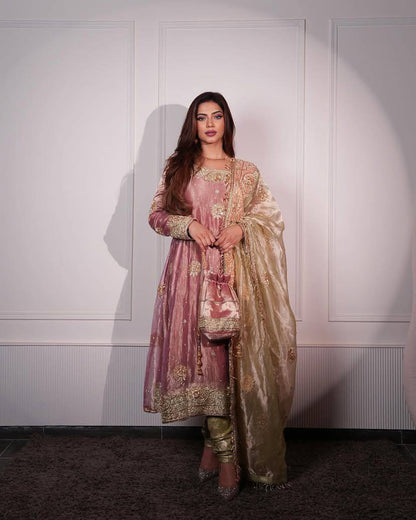 "Exquisite Embroidered Glass Tissue Top with Jacquard Pants and Pearl Work Dupatta"