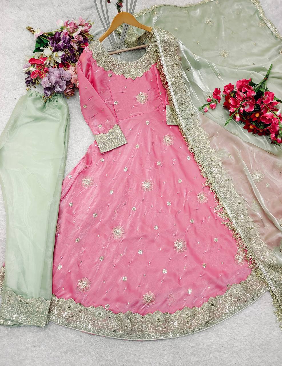 "Elegance in Silk: The GWON, Pent & Dupatta Set"