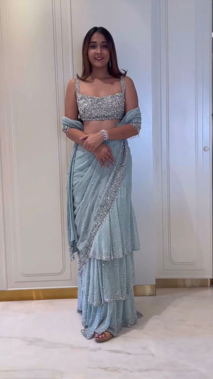Elegant Foux Gorgette Lehenga Saree & Blouse Set