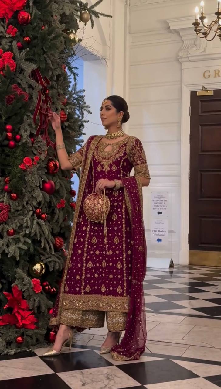 “Elegant Heavy Faux Georgette Embroidered 3-Piece Set with Full Sleeves & Sequence Work”