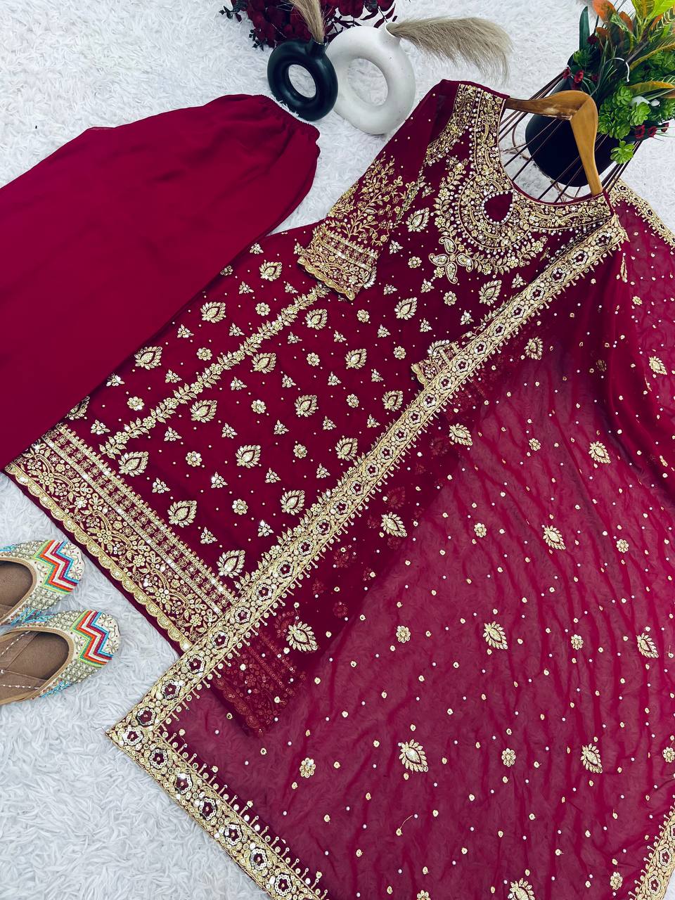 “Elegant Heavy Faux Georgette Embroidered 3-Piece Set with Full Sleeves & Sequence Work”